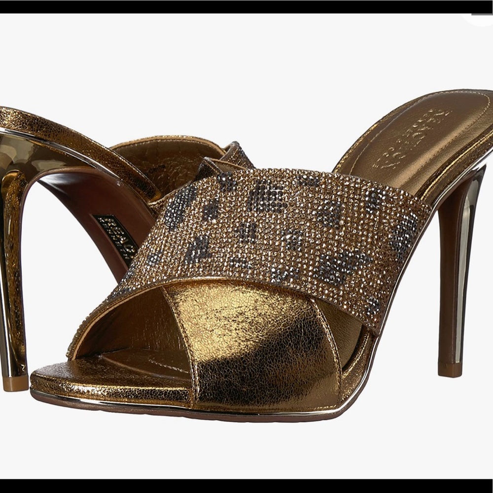 Kenneth Cole Reaction Metallic Gold Crystal-Embellished Leopard Slide Heels